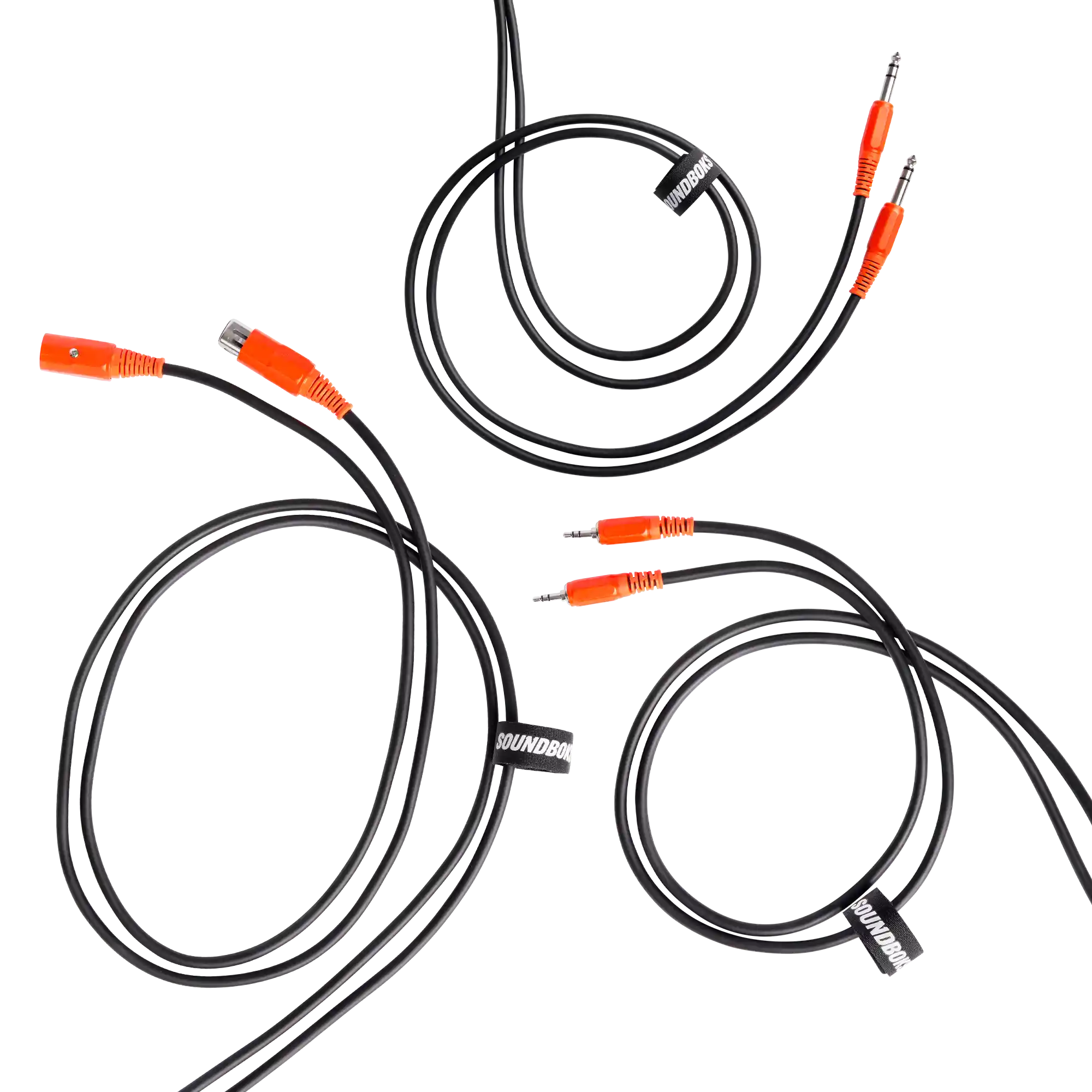 AUX Cable, TRS Cable and XLR Cable with SOUNDBOKS branded colors