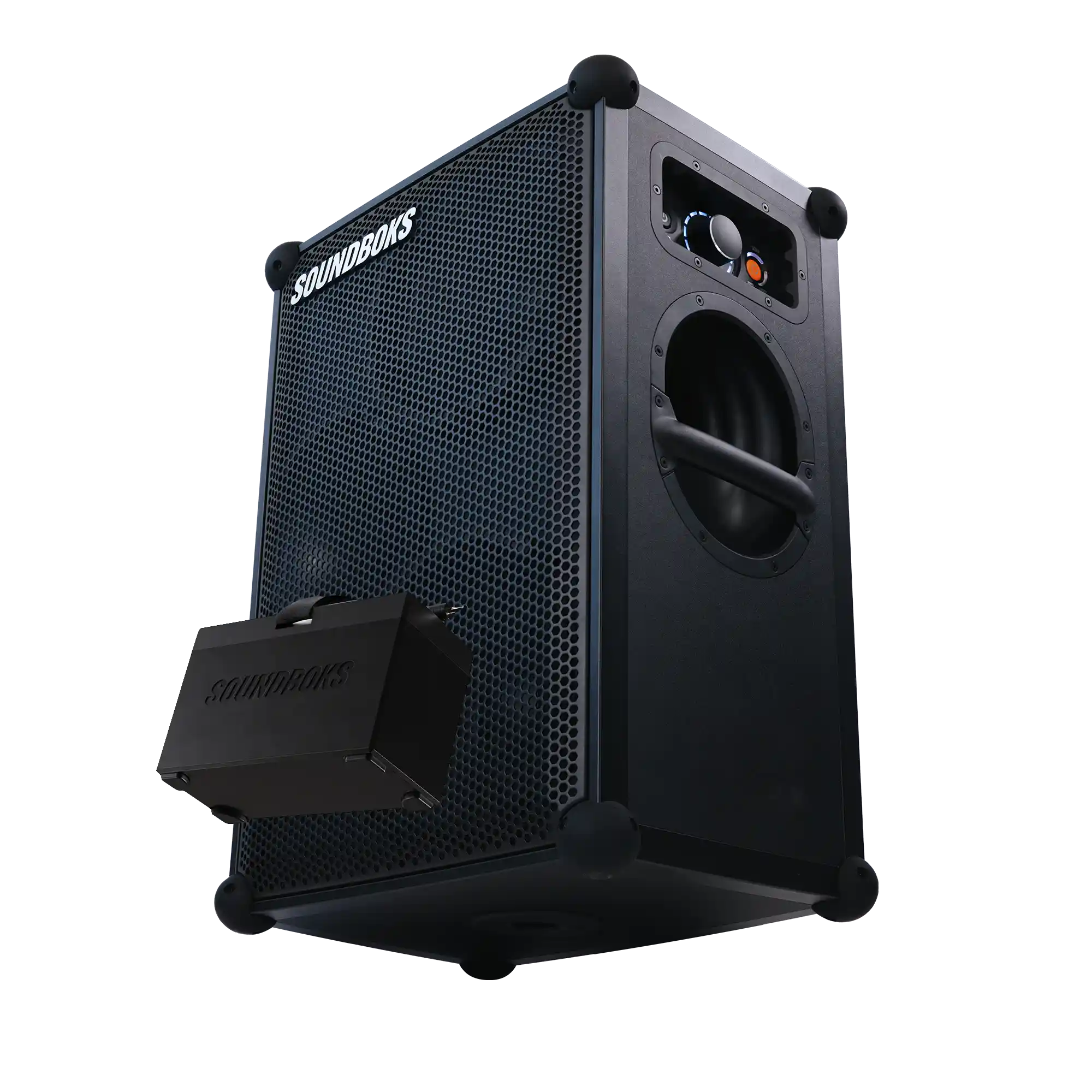 THE SOUNDBOKS 4 angled from below with an extra SOUNDBOKS battery#grill-color_black